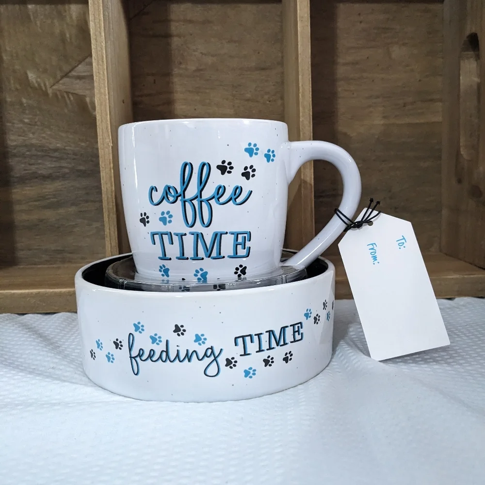 💙 Coffee Time & 🐾 Feeding Time Pet Mug Bowl Set NEW